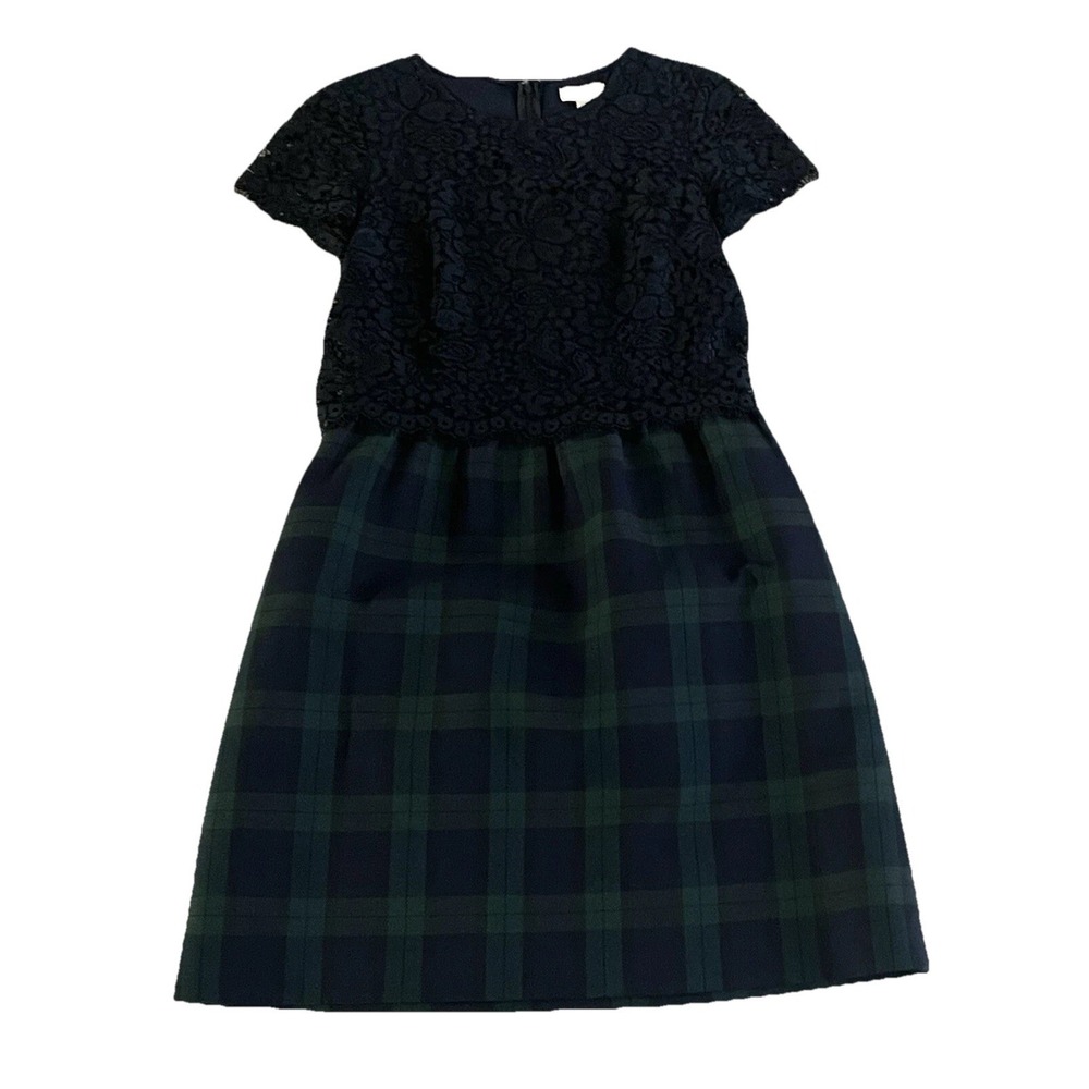 Brooks Brothers Tartan Plaid Black Lace Dress‎ Navy Blue Green Short Sleeve Sz 2